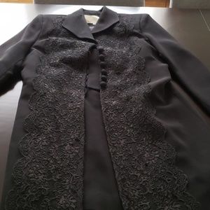 Black, wool 2 PC, lace embellished long jacket